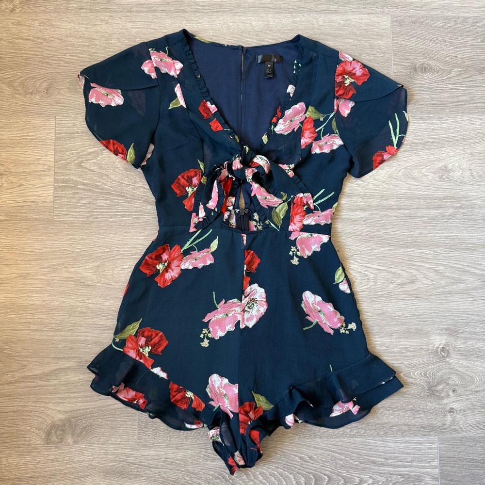 Women’s Floral Bow Front Short Sleeve Ruffle Romper